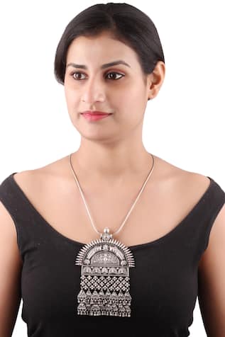 Temple Carved Silver Pendant Necklace 