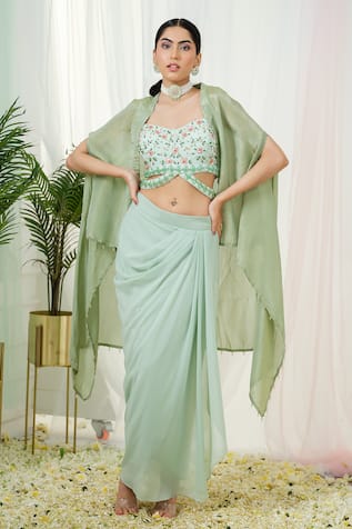 Tamaraa By Tahani Lila Floral Embroidered Blouse & Dhoti Skirt Set 