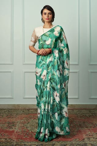 Atelier Shikaarbagh Floral Printed Green Saree With Blouse Piece 