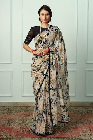 Atelier Shikaarbagh Maithli Floral & Animal Print Saree With Unstitched Blouse Piece 