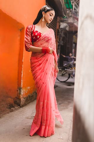 Floral Embroidered Peach Chiffon Saree 