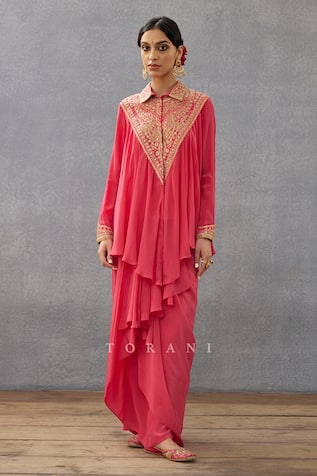 Torani Floral Embroidered Pink Kameez & Dhoti Set 