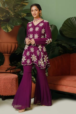 Midushi Bajoria Hand Embellished Purple Peplum Kurta Set 