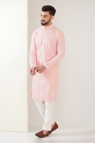 Buy Pink Kurta Raw Silk Embroidered Thread Floral With Bell Bottom Pant For  Men by Amrit Dawani Online at Aza Fashions.
