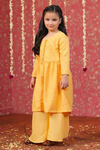 Cute Couture Self Embroidered Yellow Kurta & Palazzo Set 