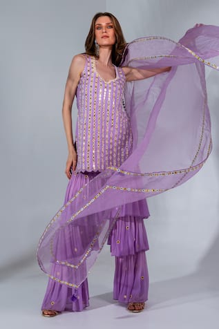Embroidered Lilac Kurta & Sharara Set For Kids
