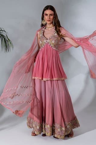 Pink Mirror Embellished Kurta Gharara Set For Kids