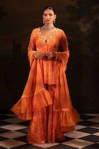 Floral Embroidered Kurta Gharara Set For Kids