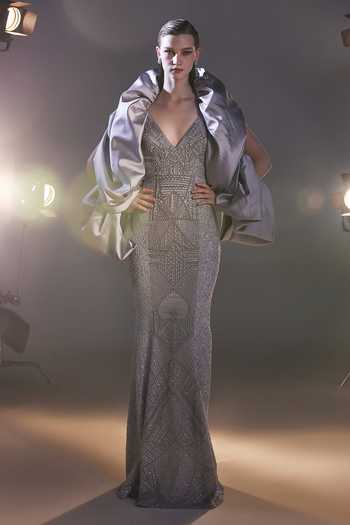 Manika Nanda Esmeralda Geometric Embroidered Gown With Bustle 