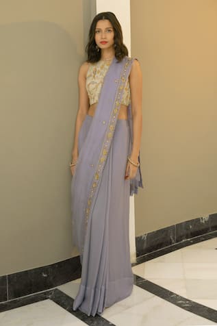 Border Embroidered Pre-Draped Saree With Blouse 