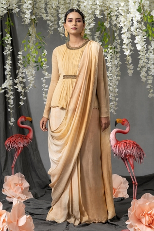 ABSTRACT BY MEGHA JAIN MADAAN Pre-Stitched Saree With Pleat Detail Top