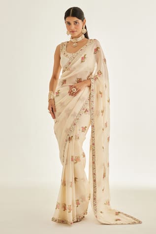 Shyam Narayan Prasad Floral Hand Block Print Saree With Blouse 