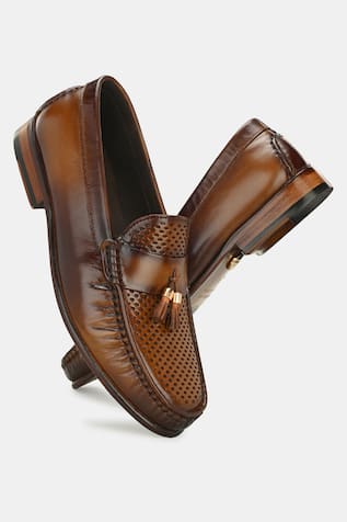 Lafattio Brown Perforated Tassel Loafers 
