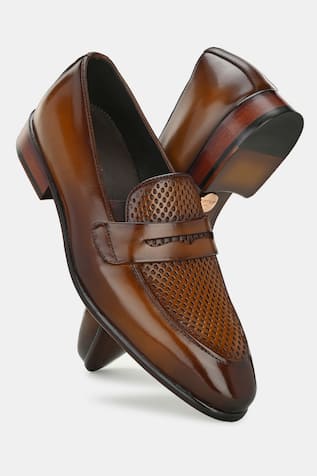 Lafattio Brown Perforated Leather Loafers 