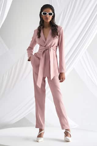 Detales Lapel Collar Pink Suit & Pant Set 