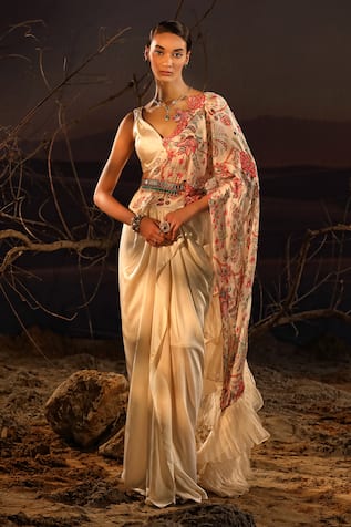 Aditi Gupta Ruffle Printed Pre-Draped Saree With Blouse 