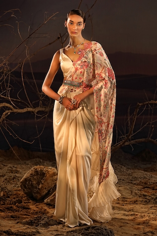 Aditi Gupta Ruffle Printed Pre-Draped Saree With Blouse