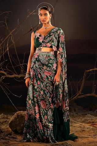 Aditi Gupta Botanical Print Pre-Draped Saree With Blouse 