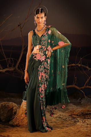 Aditi Gupta Satin Panelled Pre-Draped Saree With Blouse 