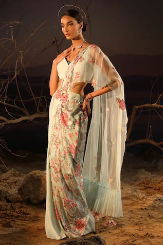 Aditi Gupta Printed Satin Pre-Draped Saree With Blouse 