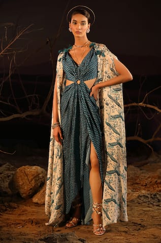 Aditi Gupta Printed Satin Draped Dress & Cape Set 