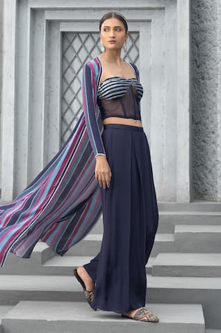 Chhavvi Aggarwal Multi Stripe Cape & Corset Pant Set 