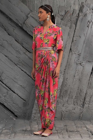 Chhavvi Aggarwal Geometric Floral Print Draped Dress 