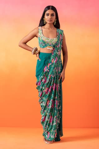 Seema Thukral Pre-Stitched Floral Print Pallu & Skirt Set 