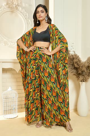 Aariyana Couture Tropical Print Cape & Flared Pant Set 