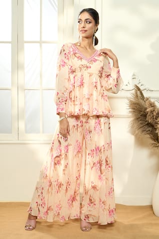 Aariyana Couture Floral Print Peplum Tunic & Flared Pant Set 