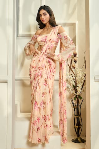 Aariyana Couture Floral Print Pre-Stitched Saree With Blouse 