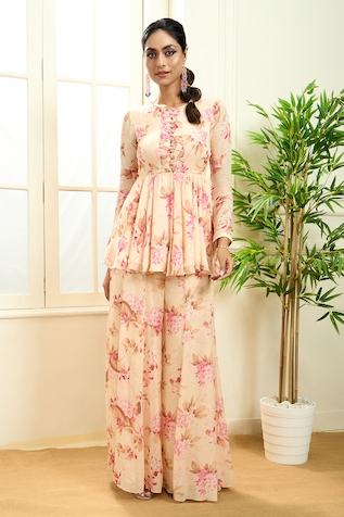 Aariyana Couture Floral Print Peplum Kurta & Sharara Set