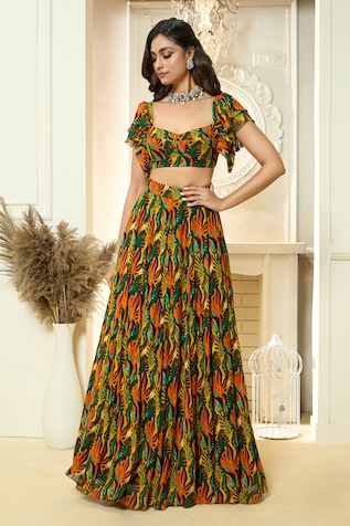 Aariyana Couture Tropical Print Ruffle Sleeve Blouse & Lehenga Set