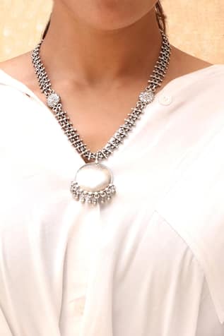 Floral Motif Silver Long Pendant Necklace 