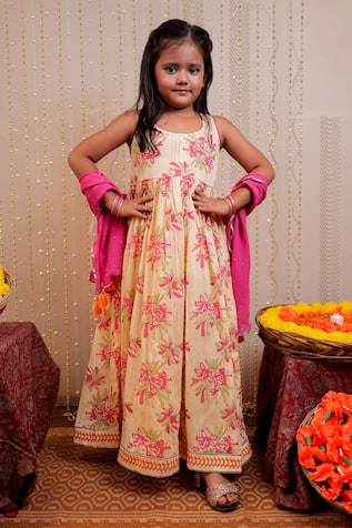 Tiny Colour Floral Hand Block Print Anarkali With Dupatta 