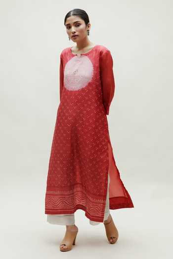 Naina Jain Rust Silk Bandhani Embroidered Kurta 
