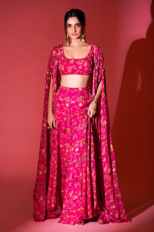 Krisha Sunny Ramani Fuchsia Floral Print Cape Sharara Set 