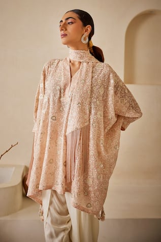 Chikankari Embroidered Tasselled Kaftan 