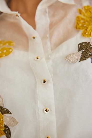 Buy White Organza Embroidery Collared Floral Applique Sheer Shirt