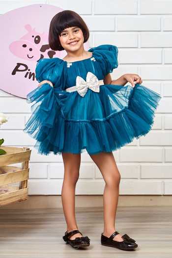 Pinkcow designs pvt ltd Solid Puffed Sleeve Net Dress 