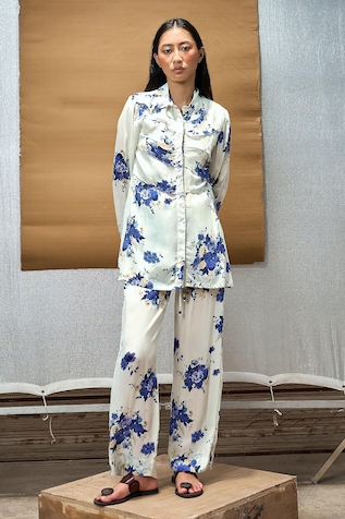 Amka India Cloud Silk Floral Print Shirt & Pant Set