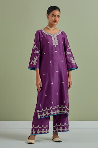 Purple Hand Embroidered Chanderi Silk Kurta For Kids
