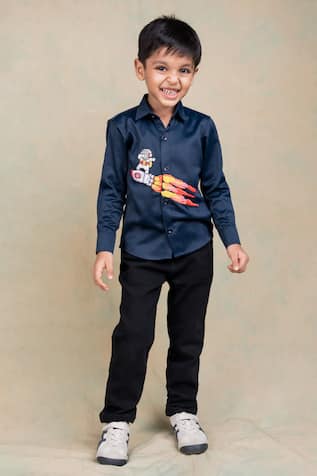 Navy Blue Rocket Embroidered Shirt 