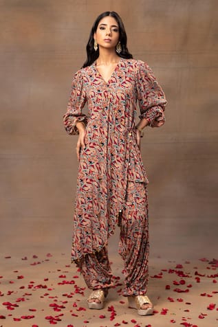 Mehak Murpana Abstract Print Angarkha Overlap Kurta With Patiala 