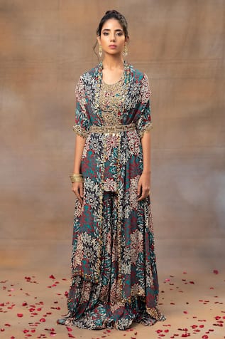 Mehak Murpana Botanical Print Cape Sharara Set 