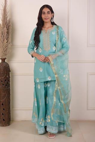 Hand Block Foil Print Kurta Gharara Set 