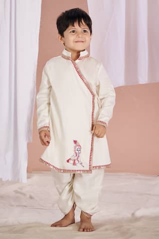 Vivedkids Linen Krishna Embroidered Kurta & Dhoti Pant Set 