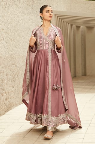 MATSYA Neo Chanderi Embroidered Angrakha Anarkali Set 