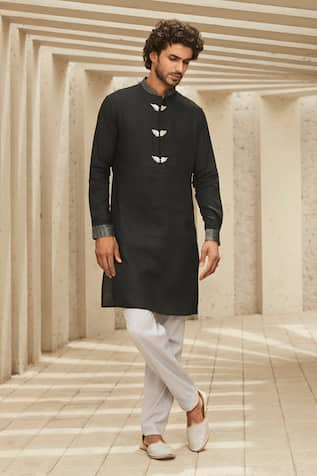 MATSYA Winged Embroidered Placket Linen Kurta Set 