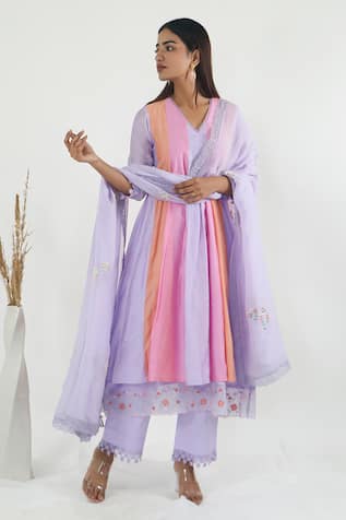 Mangalmay By Aastha Rainbow Kulfi Chanderi Silk Layered Anarkali Pant Set 